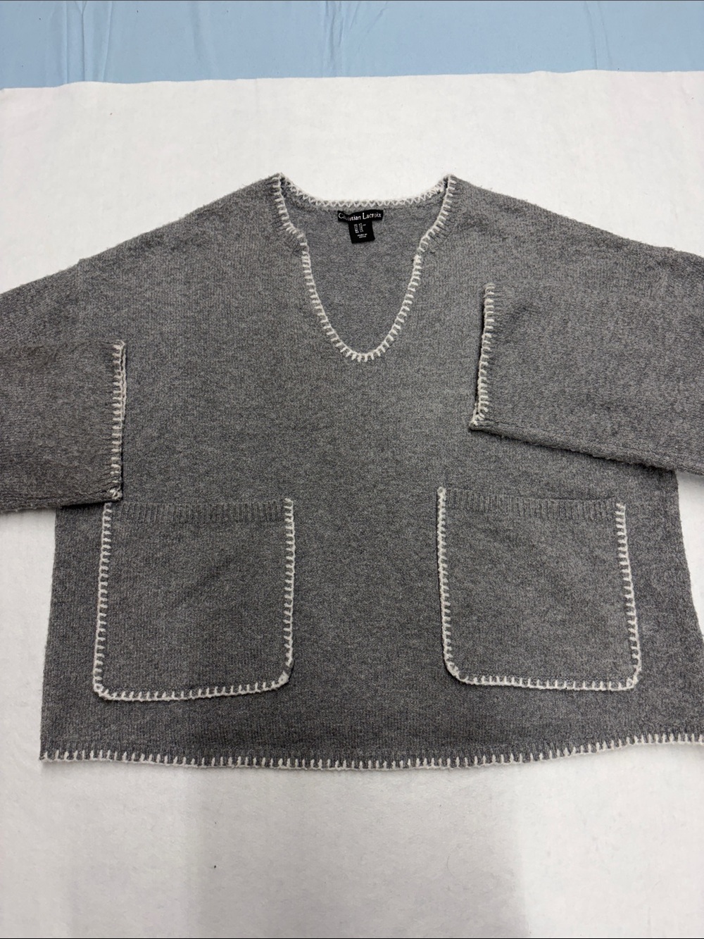 Christian Lacroix Gray V-Neck Sweater with White Whipstitch Trim Sz XS